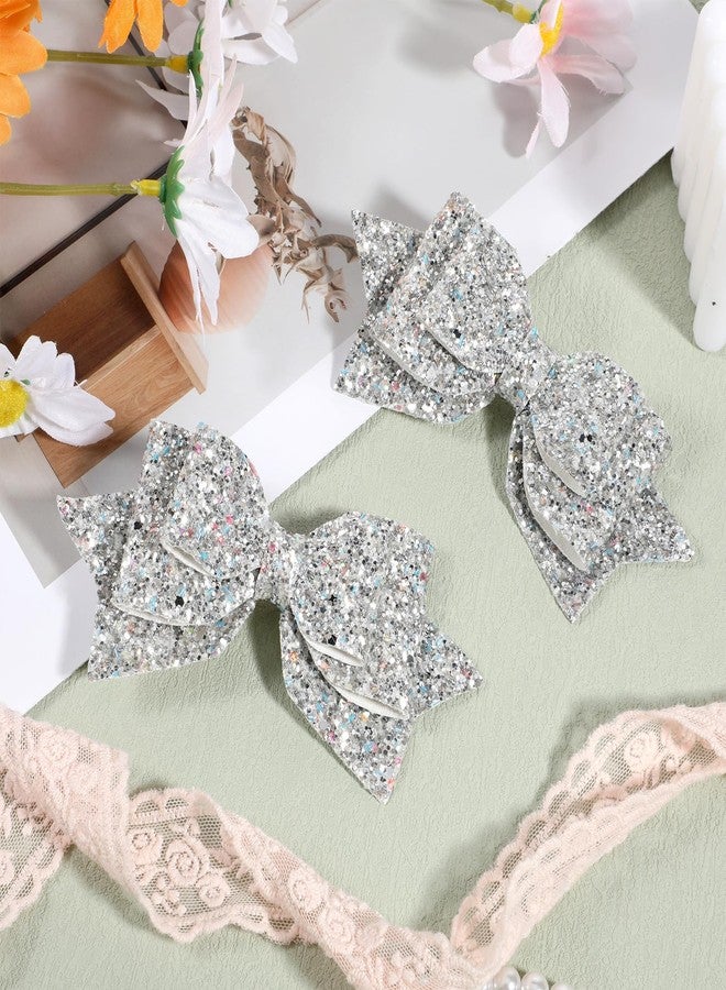 Styquenzer 2 Pcs Silver Hair Bow Clips, 5 Inch Glitter Hair Bows for Girls Sparkly Double Bowed Accessories Glitter Sequin Boutique Head Clip Delicate Satin Headwear for Birthday Wedding Party Back School Gift - Image 3